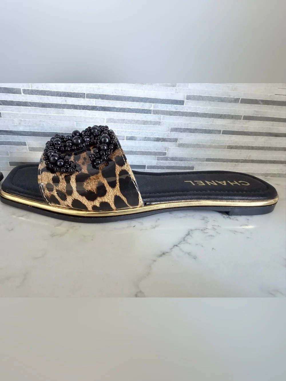 CHANEL Leopard Beaded Slide Mules in Black & Brown size 6